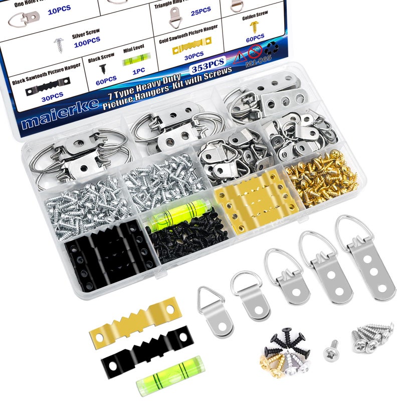 maierke 353PCS Picture Hanging Kit,Picture Hangers Heavy Duty Picture Hanging Hooks with Screws,Picture Frame Hooks Heavy Duty Picture Framing Supplies Kit for Picture Hanging(7 Types) - Image 1